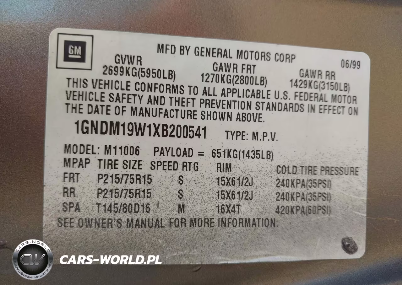 1999 Chevrolet Astro VIN:1GNDM19W1XB200541 - 9