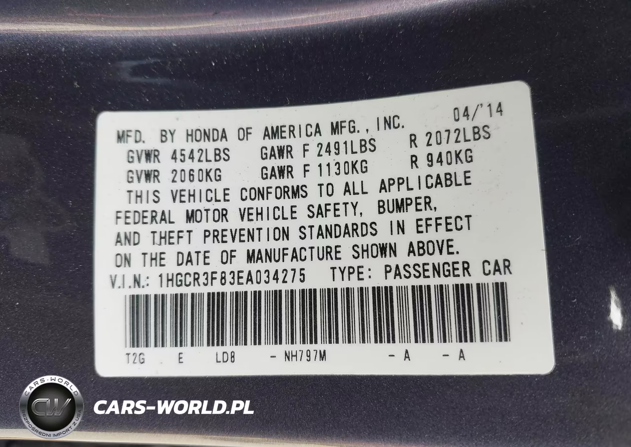 2014 Honda Accord Ex-L V-6 VIN:1HGCR3F83EA034275 - 9