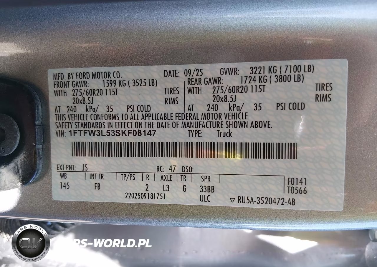 2025 Ford F-150 Xlt VIN:1FTFW3L53SKF08147 - 9