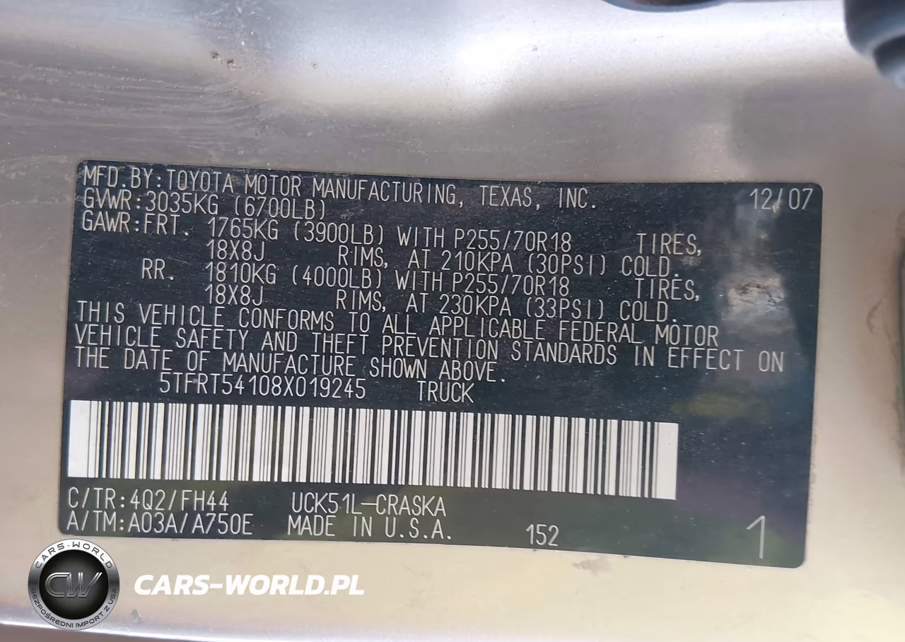 2008 Toyota Tundra Base 4.7L V8 VIN:5TFRT54108X019245 - 9
