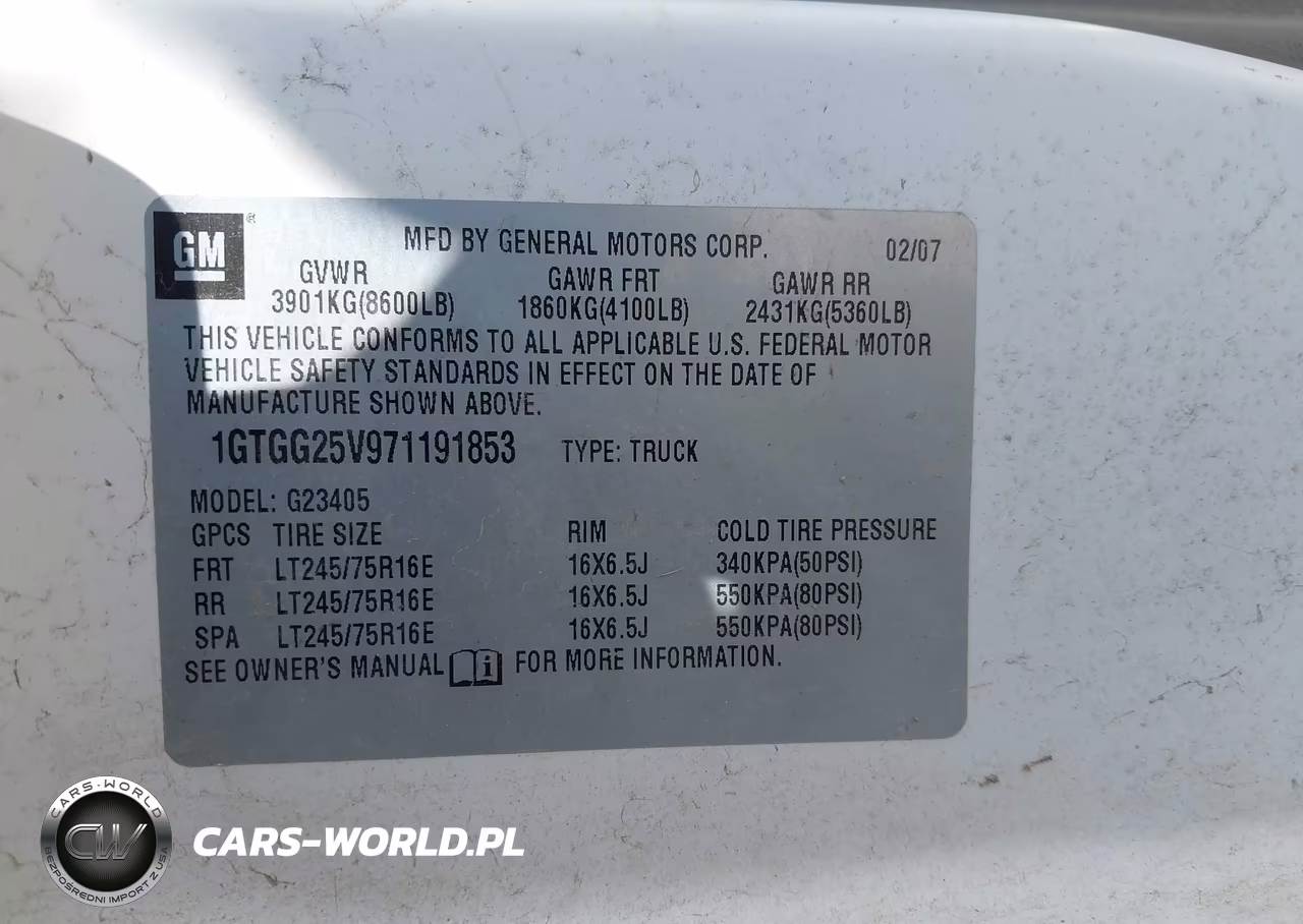 2007 GMC Savana Work Van VIN:1GTGG25V971191853 - 9