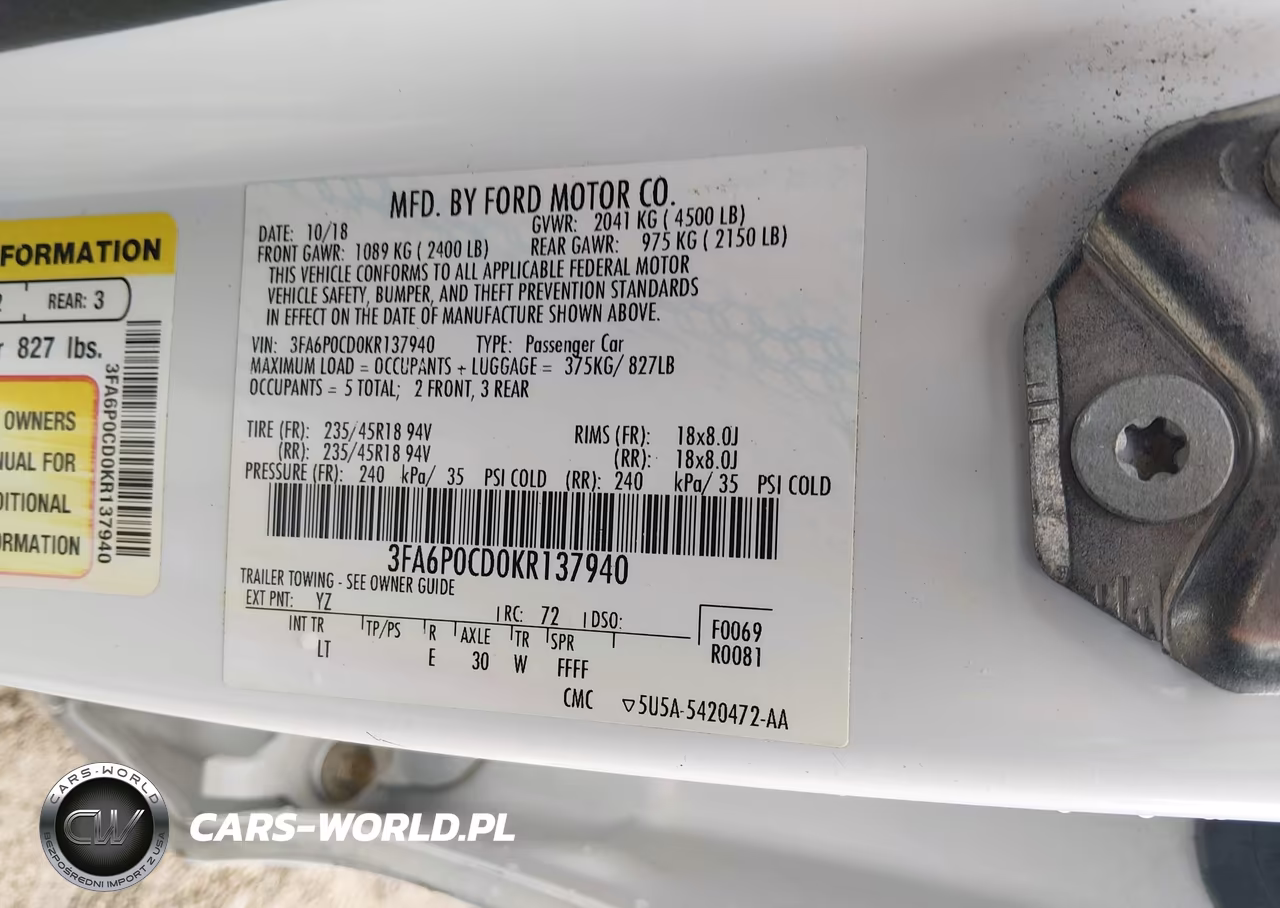 2019 Ford Fusion Sel VIN:3FA6P0CD0KR137940 - 9