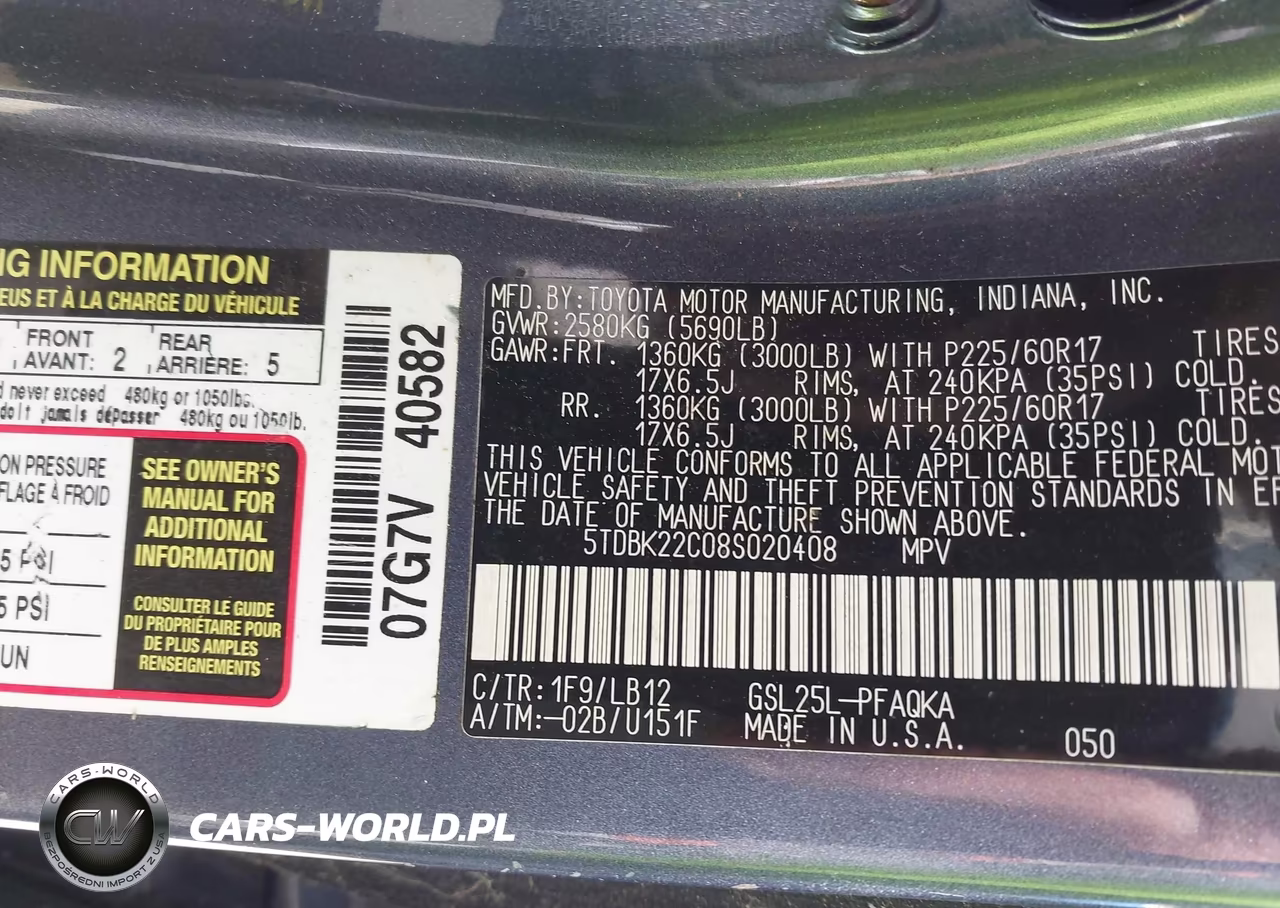 2008 Toyota Sienna Limited VIN:5TDBK22C08S020408 - 9