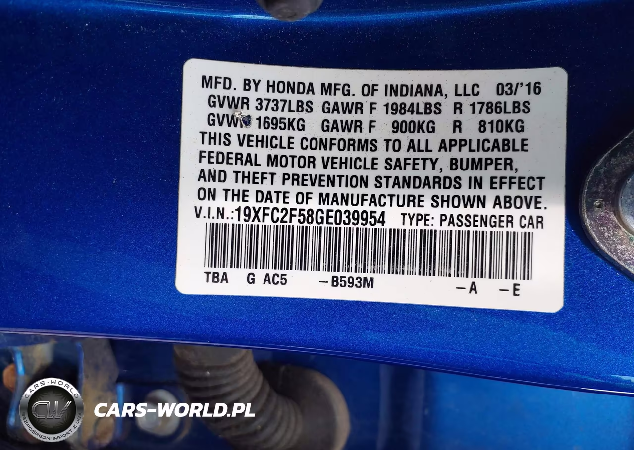 2016 Honda Civic Lx VIN:19XFC2F58GE039954 - 9