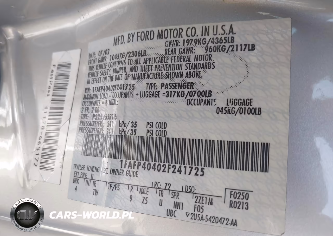 2002 Ford Mustang Deluxe-Premium-Standard VIN:1FAFP40402F241725 - 9
