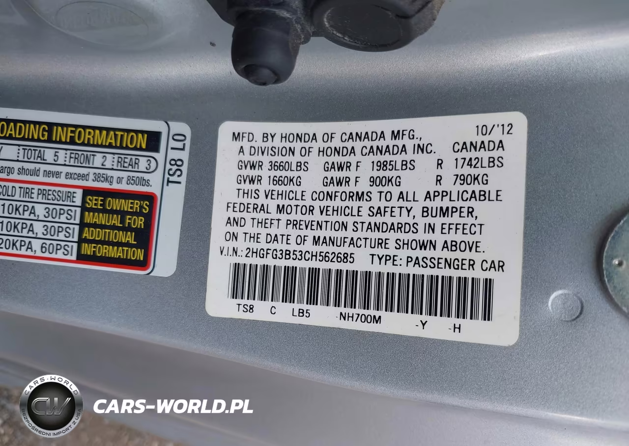 2012 Honda Civic Lx VIN:2HGFG3B53CH562685 - 9