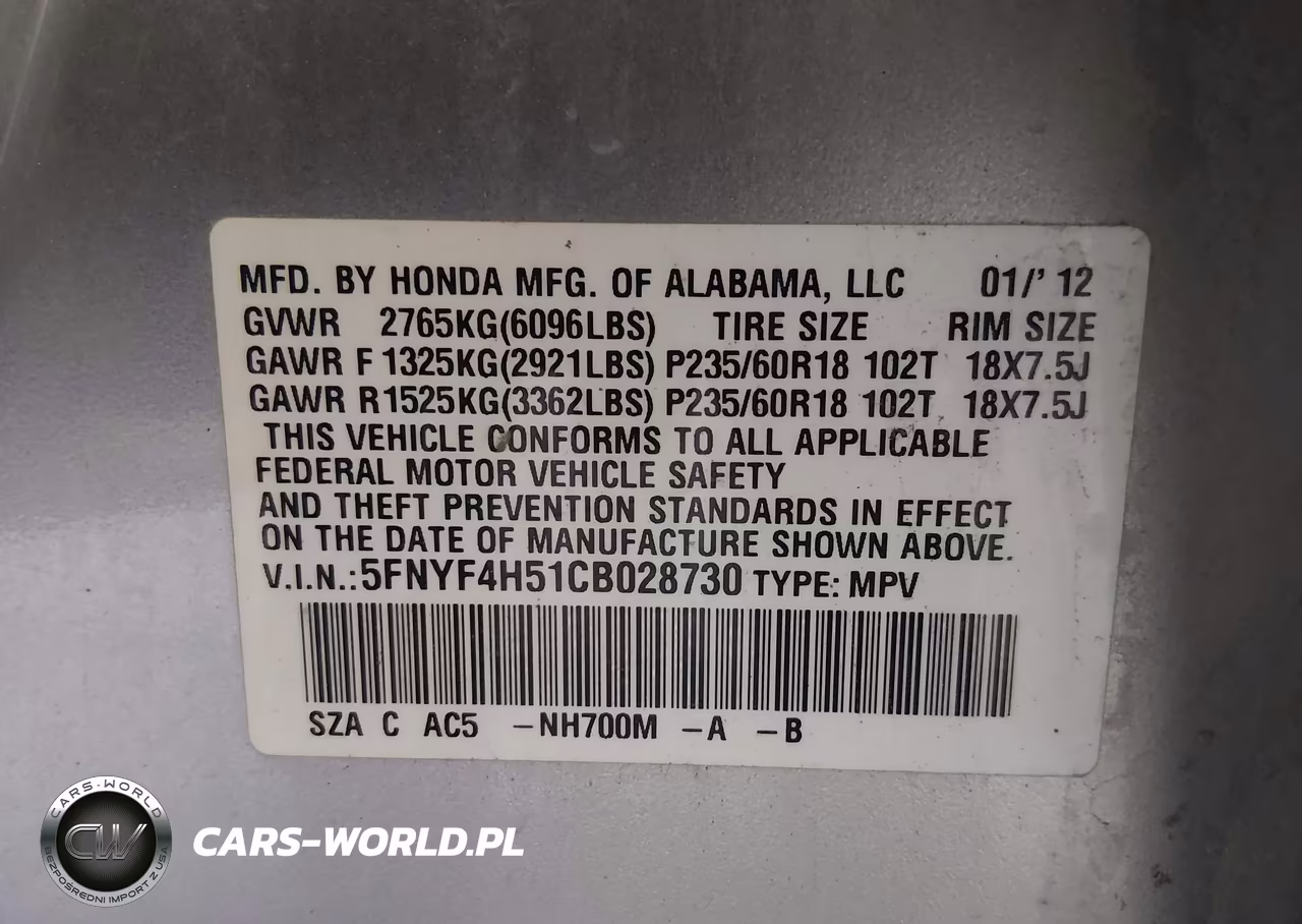 2012 Honda Pilot Ex-L VIN:5FNYF4H51CB028730 - 9