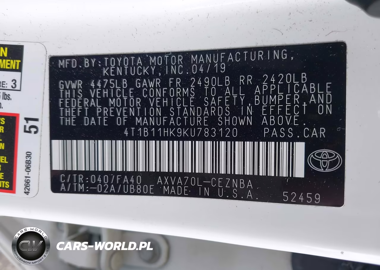 2019 Toyota Camry Le VIN:4T1B11HK9KU783120 - 9