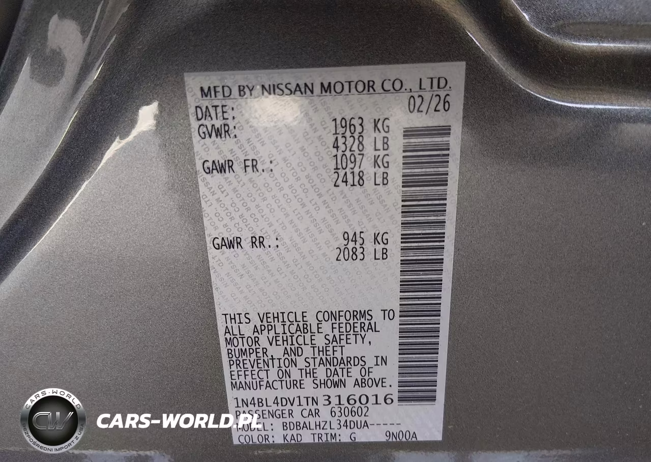 2026 Nissan Altima Sv Fwd VIN:1N4BL4DV1TN316016 - 9