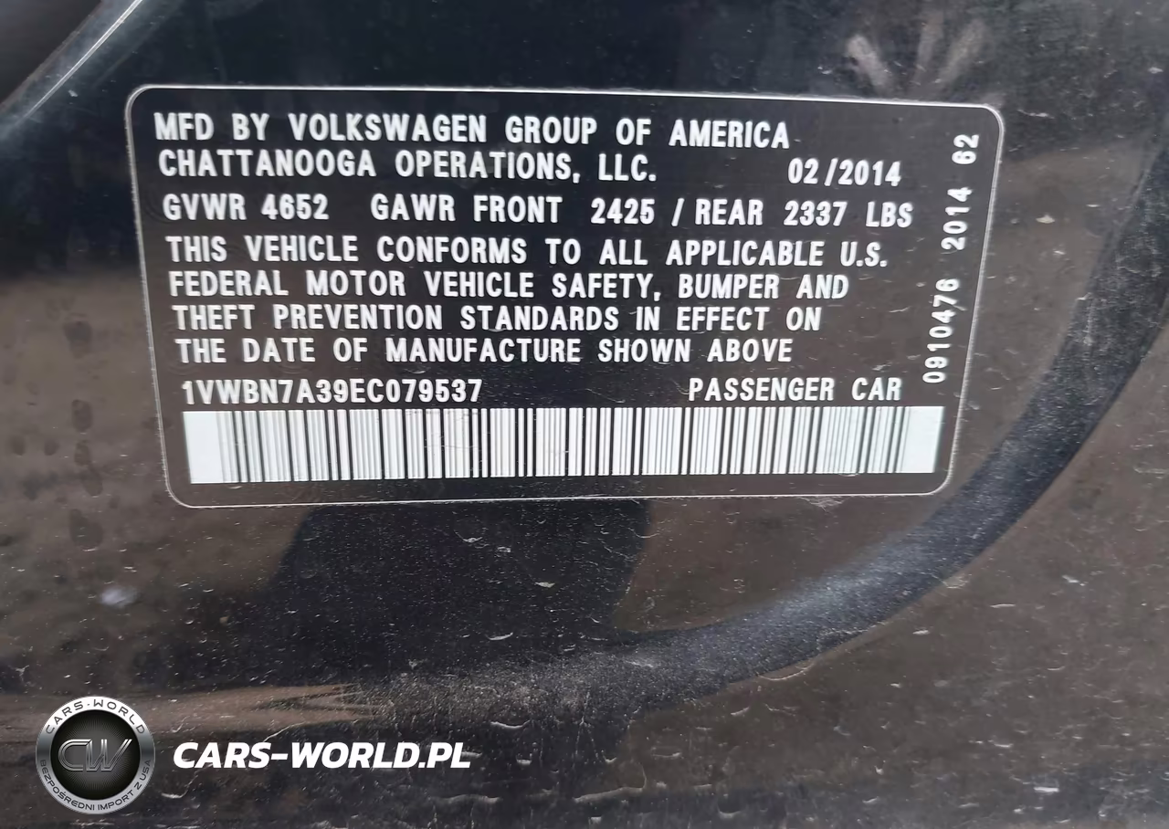 2014 Volkswagen Passat 2.0L Tdi Se VIN:1VWBN7A39EC079537 - 9