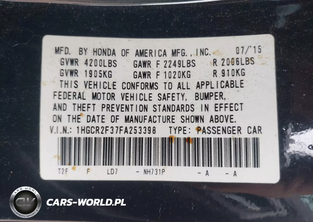 2015 Honda Accord Lx VIN:1HGCR2F37FA253398 - 9