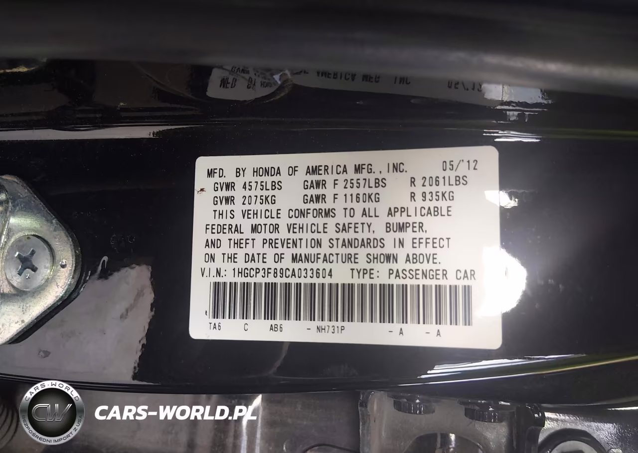 2012 Honda Accord 3.5 Ex-L VIN:1HGCP3F89CA033604 - 9