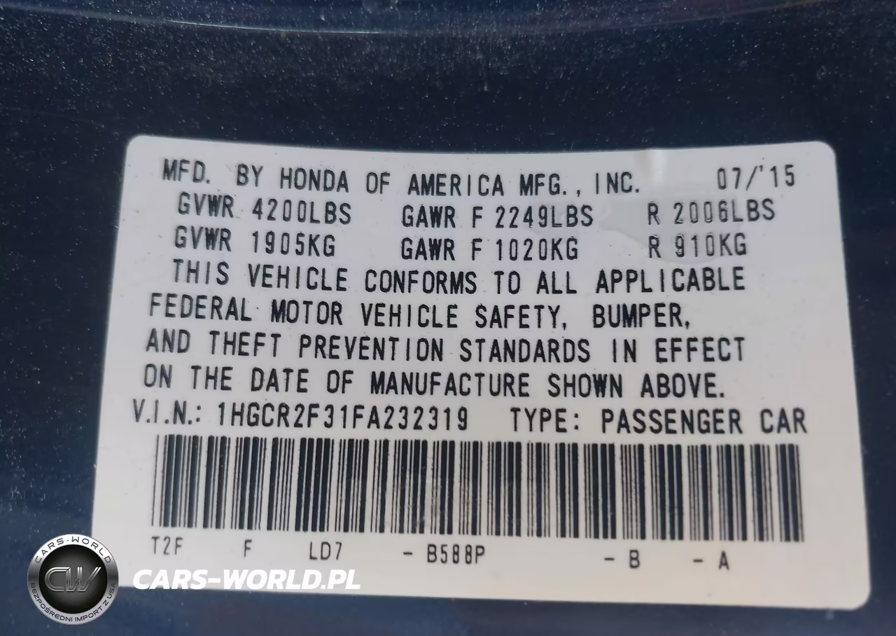 2015 Honda Accord Lx VIN:1HGCR2F31FA232319 - 9