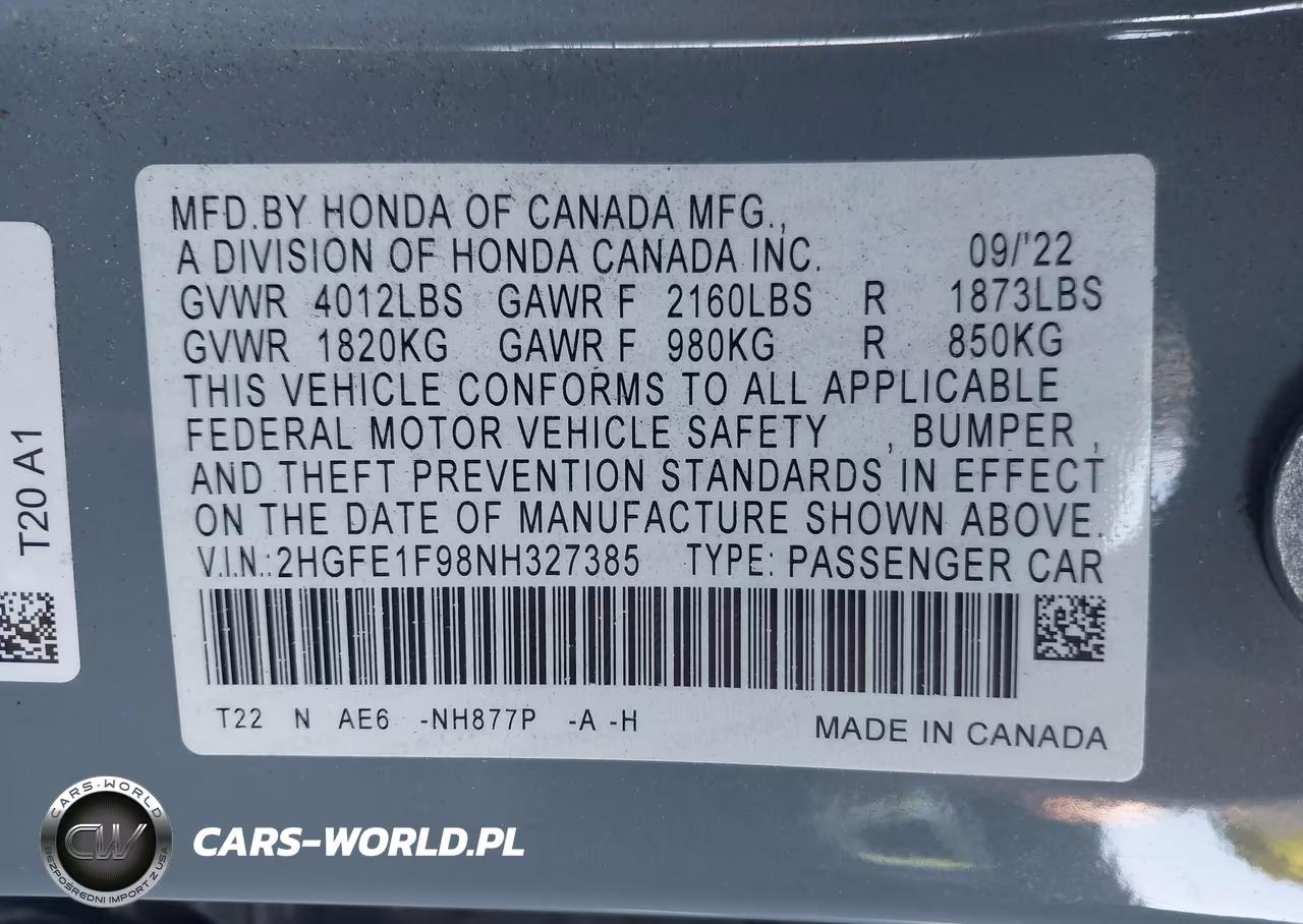 2022 Honda Civic Touring VIN:2HGFE1F98NH327385 - 9