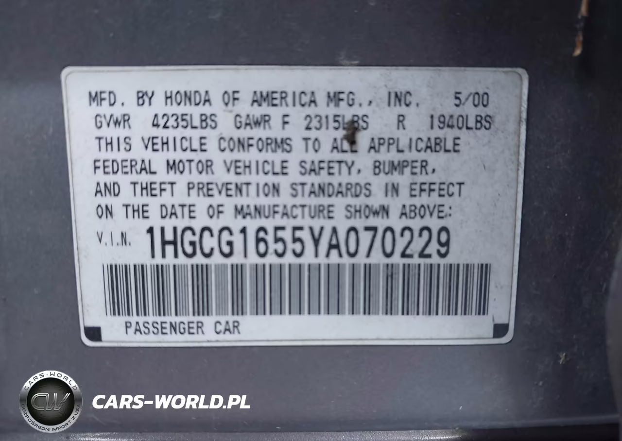 2000 Honda Accord 3.0 Ex VIN:1HGCG1655YA070229 - 9