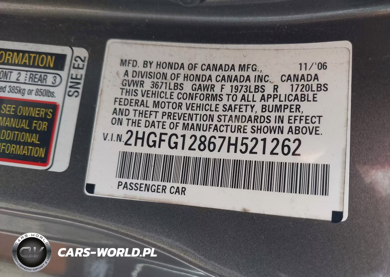 2007 Honda Civic Ex VIN:2HGFG12867H521262 - 9