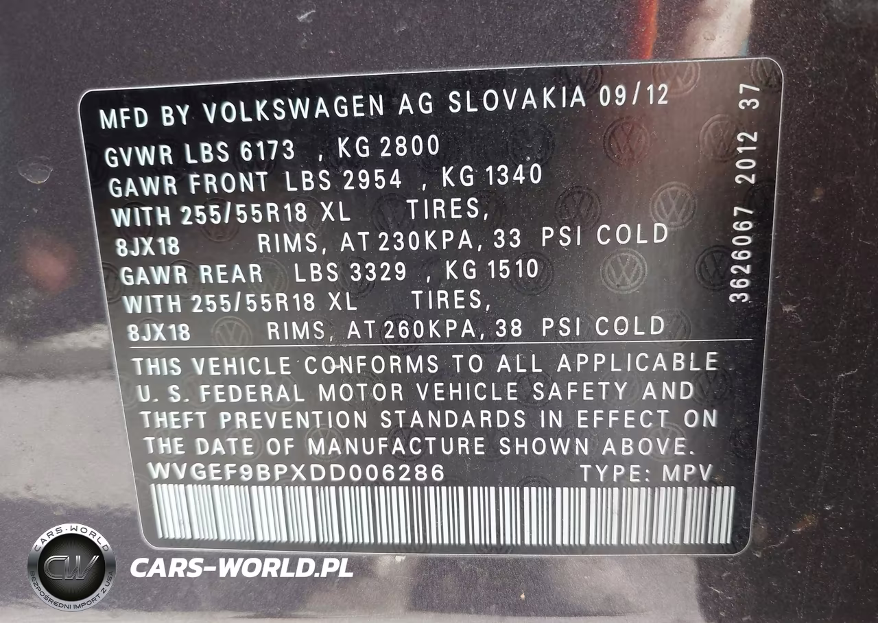 2013 Volkswagen Touareg Vr6 Sport VIN:WVGEF9BPXDD006286 - 9