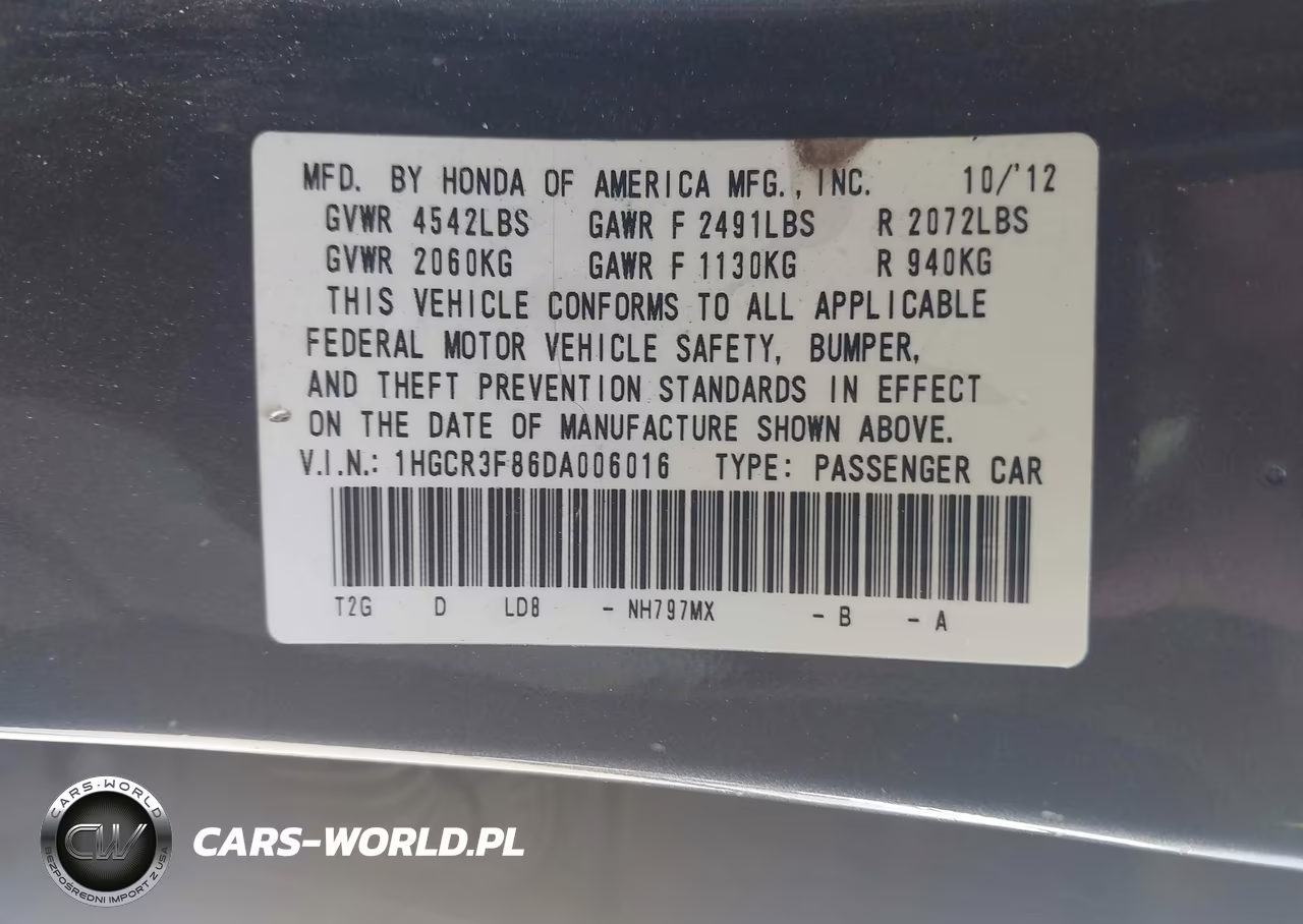 2013 Honda Accord Ex-L V-6 VIN:1HGCR3F86DA006016 - 9