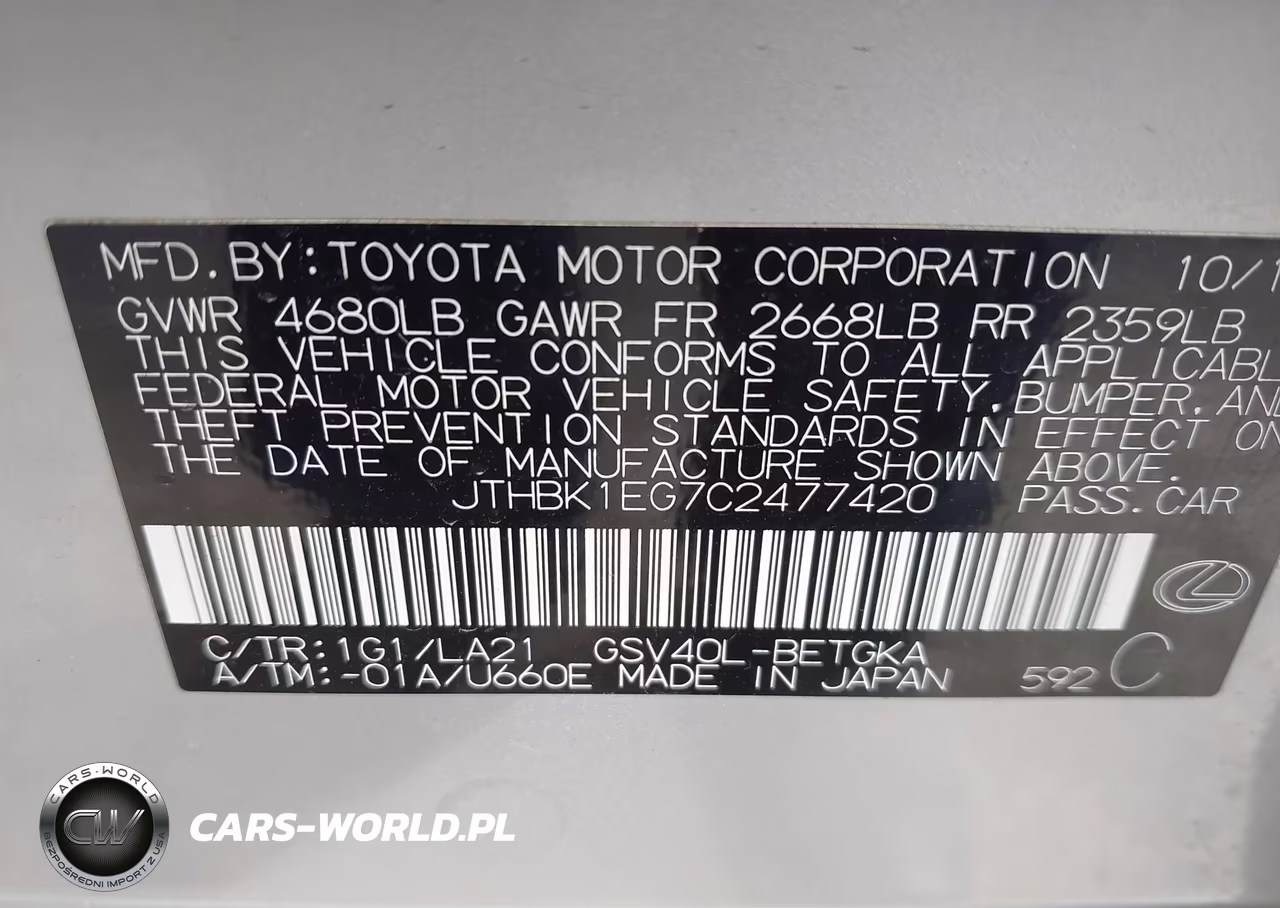 2012 Lexus Es 350 VIN:JTHBK1EG7C2477420 - 9