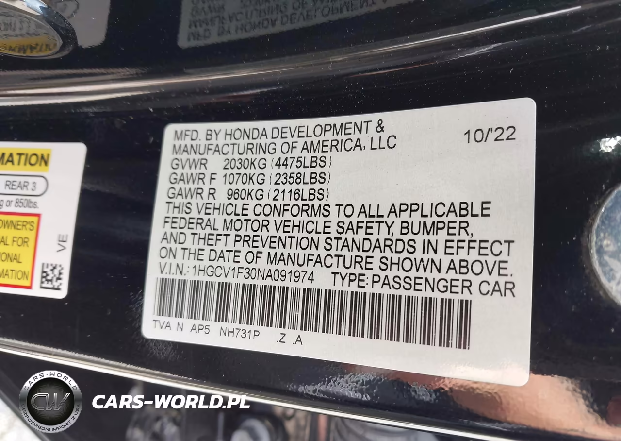 2022 Honda Accord Sport VIN:1HGCV1F30NA091974 - 9