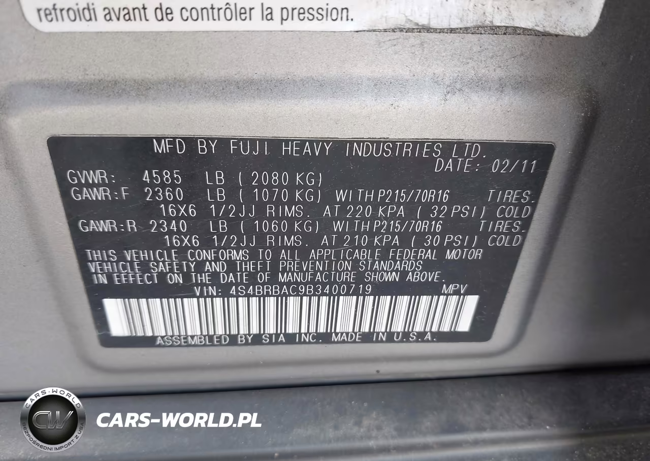 2011 Subaru Outback 2.5I VIN:4S4BRBAC9B3400719 - 9