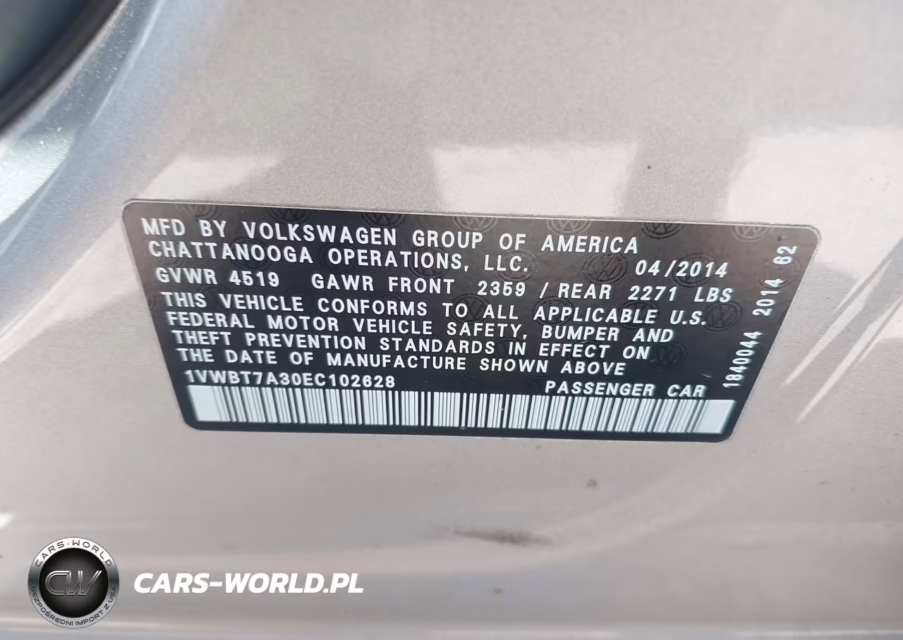 2014 Volkswagen Passat 1.8T Sport VIN:1VWBT7A30EC102628 - 9