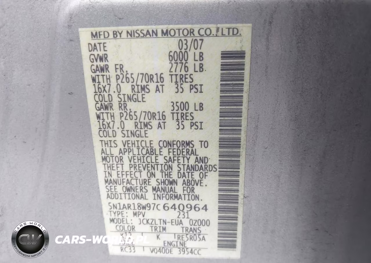 2007 Nissan Pathfinder Se VIN:5N1AR18W97C640964 - 9