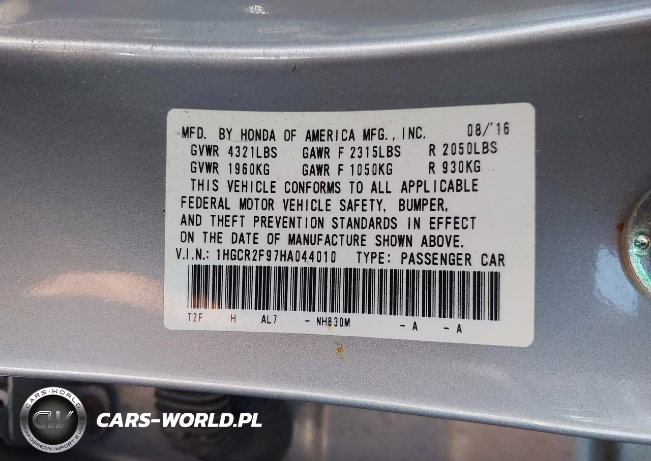 2017 Honda Accord Ex-L VIN:1HGCR2F97HA044010 - 9