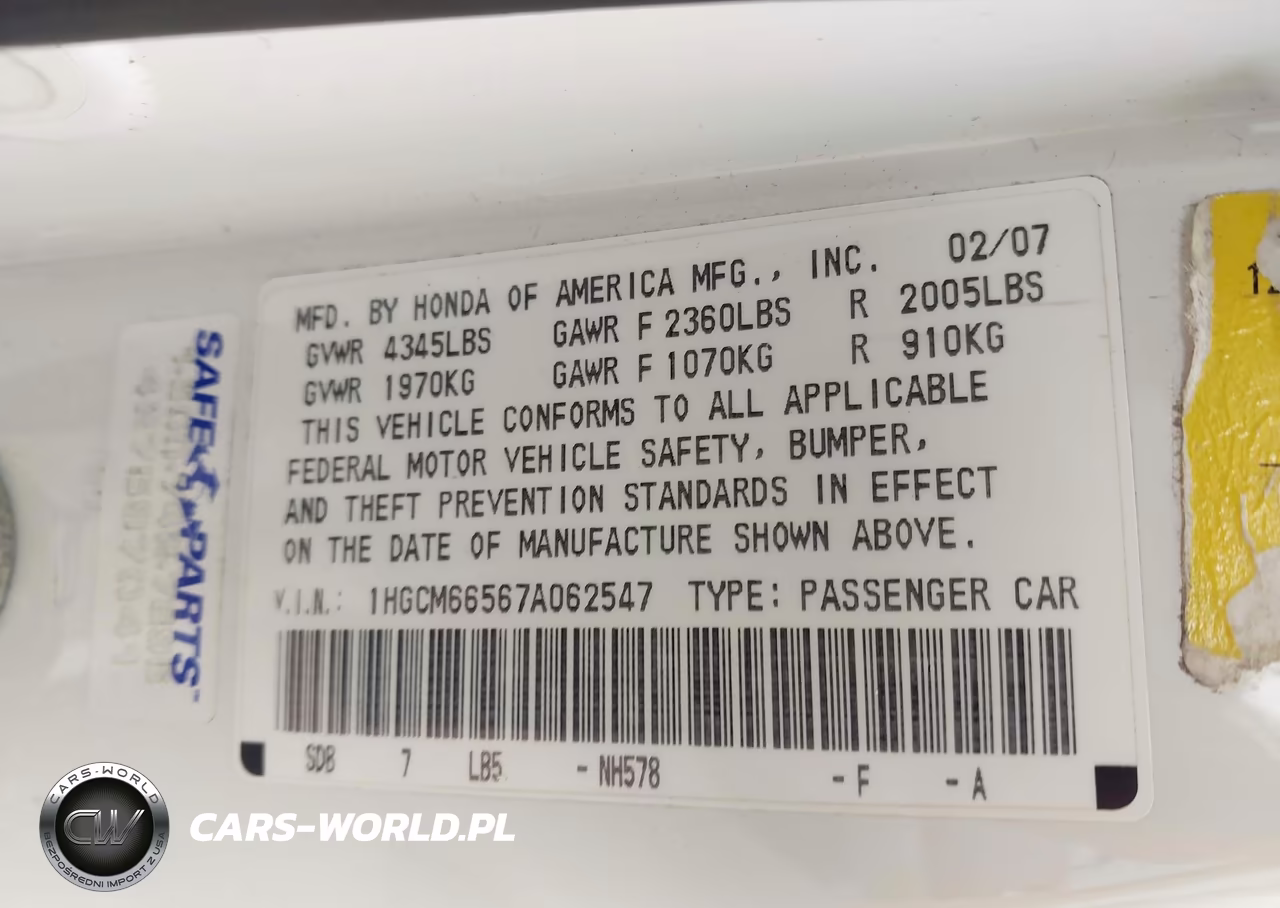 2007 Honda Accord 3.0 Ex VIN:1HGCM66567A062547 - 9