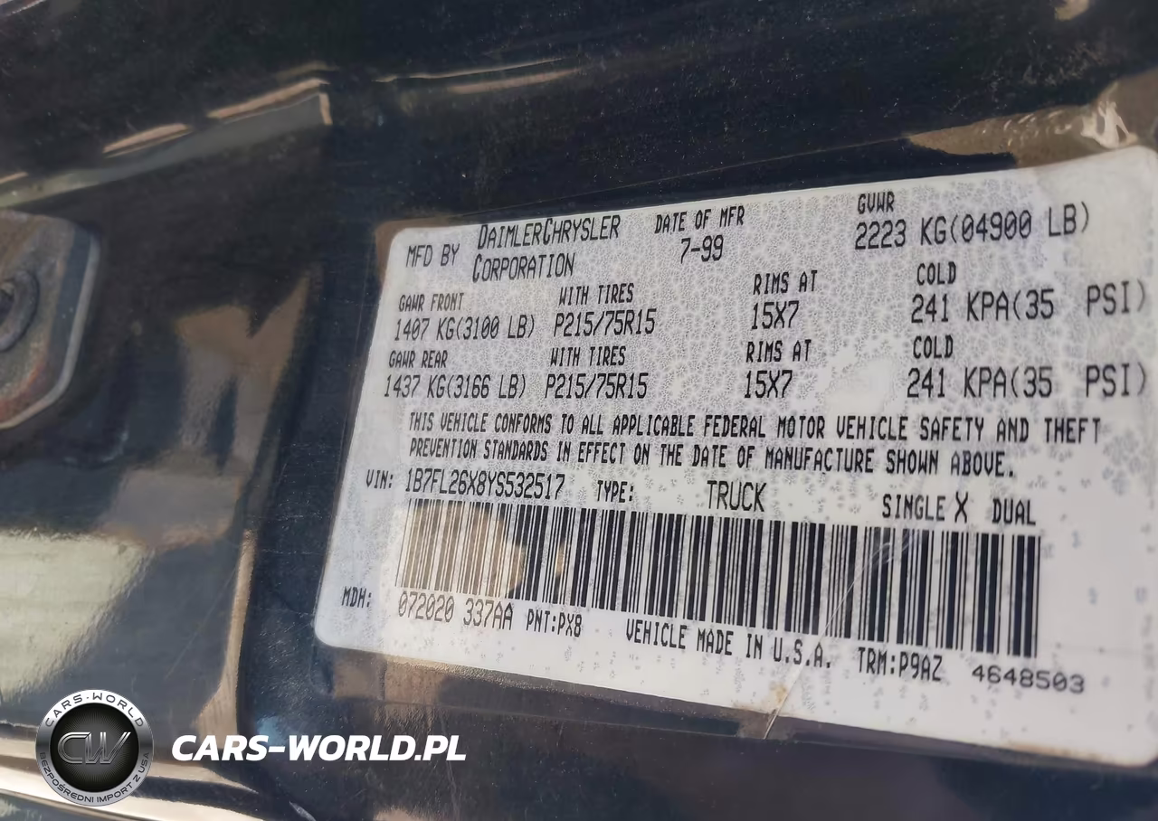 2000 Dodge Dakota Slt-Sport VIN:1B7FL26X8YS532517 - 9