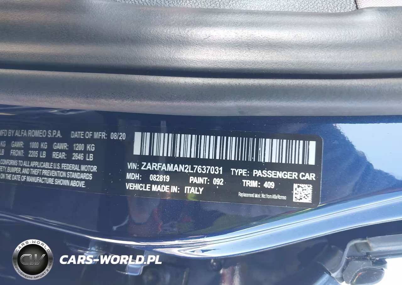 2020 Alfa Romeo Giulia Rwd VIN:ZARFAMAN2L7637031 - 9