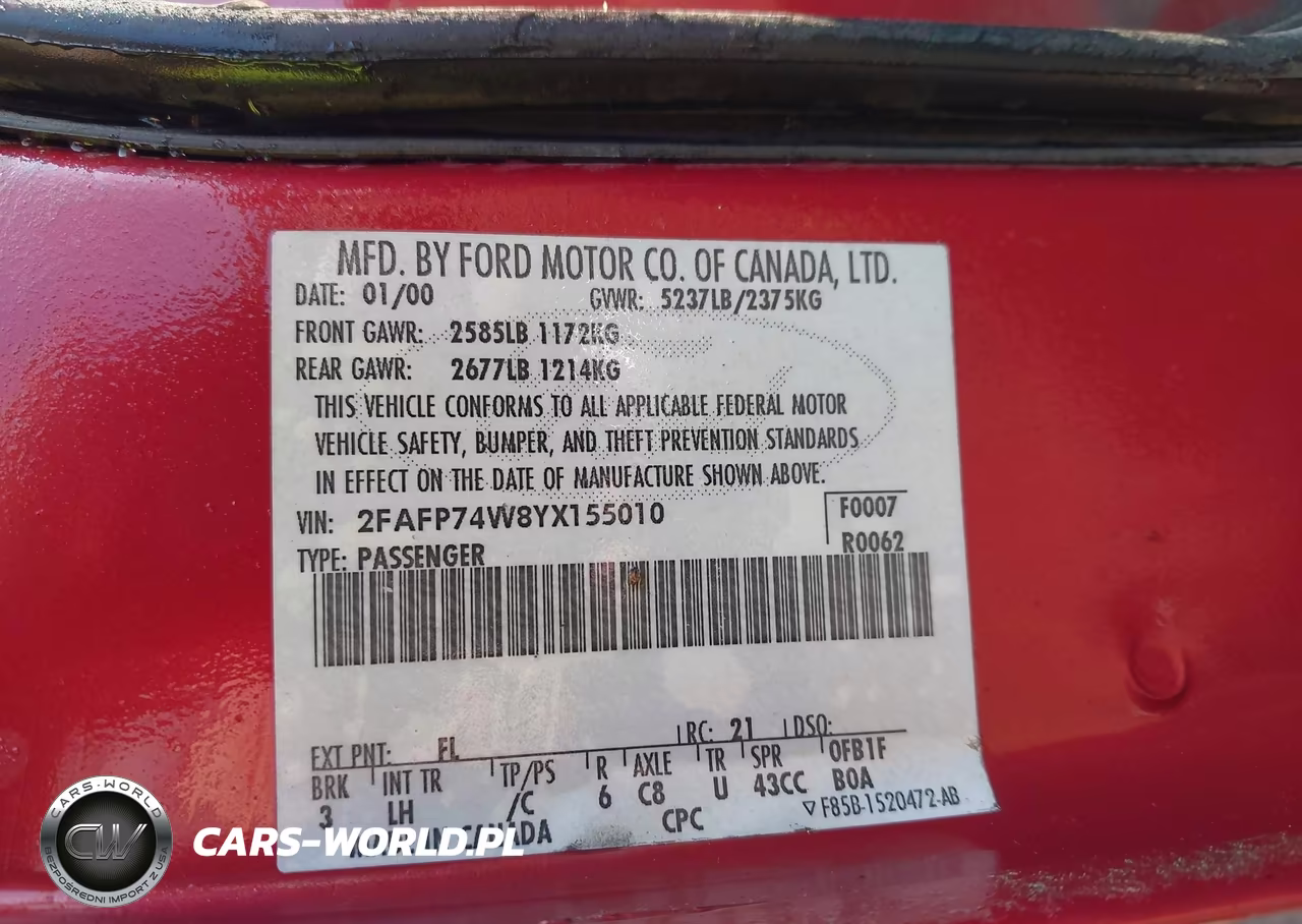 2000 Ford Crown Victoria Lx VIN:2FAFP74W8YX155010 - 9