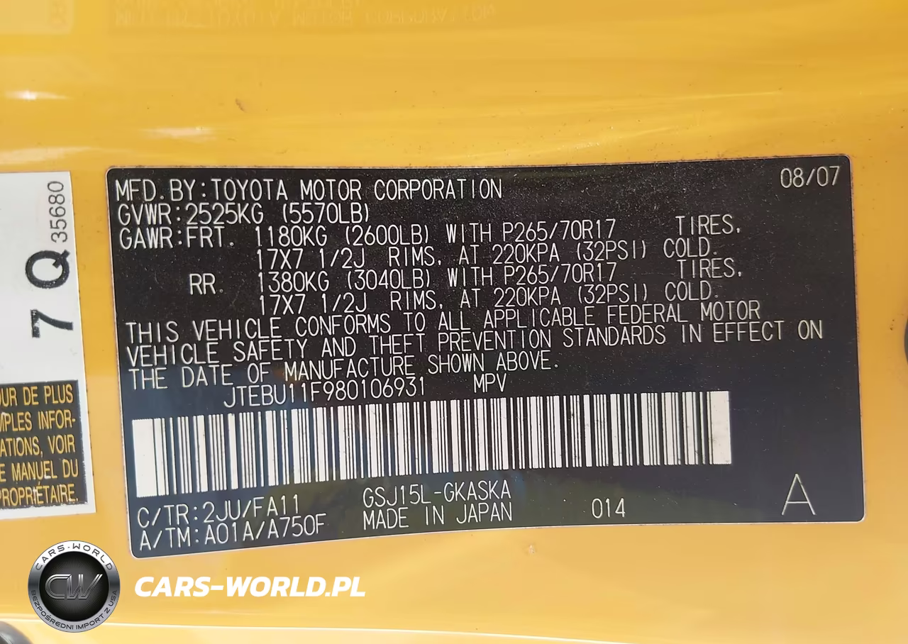 2008 Toyota Fj Cruiser VIN:JTEBU11F980106931 - 9