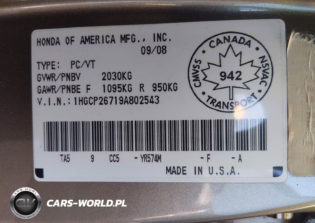 2009 Honda Accord 2.4 Ex VIN:1HGCP26719A802543 - 9