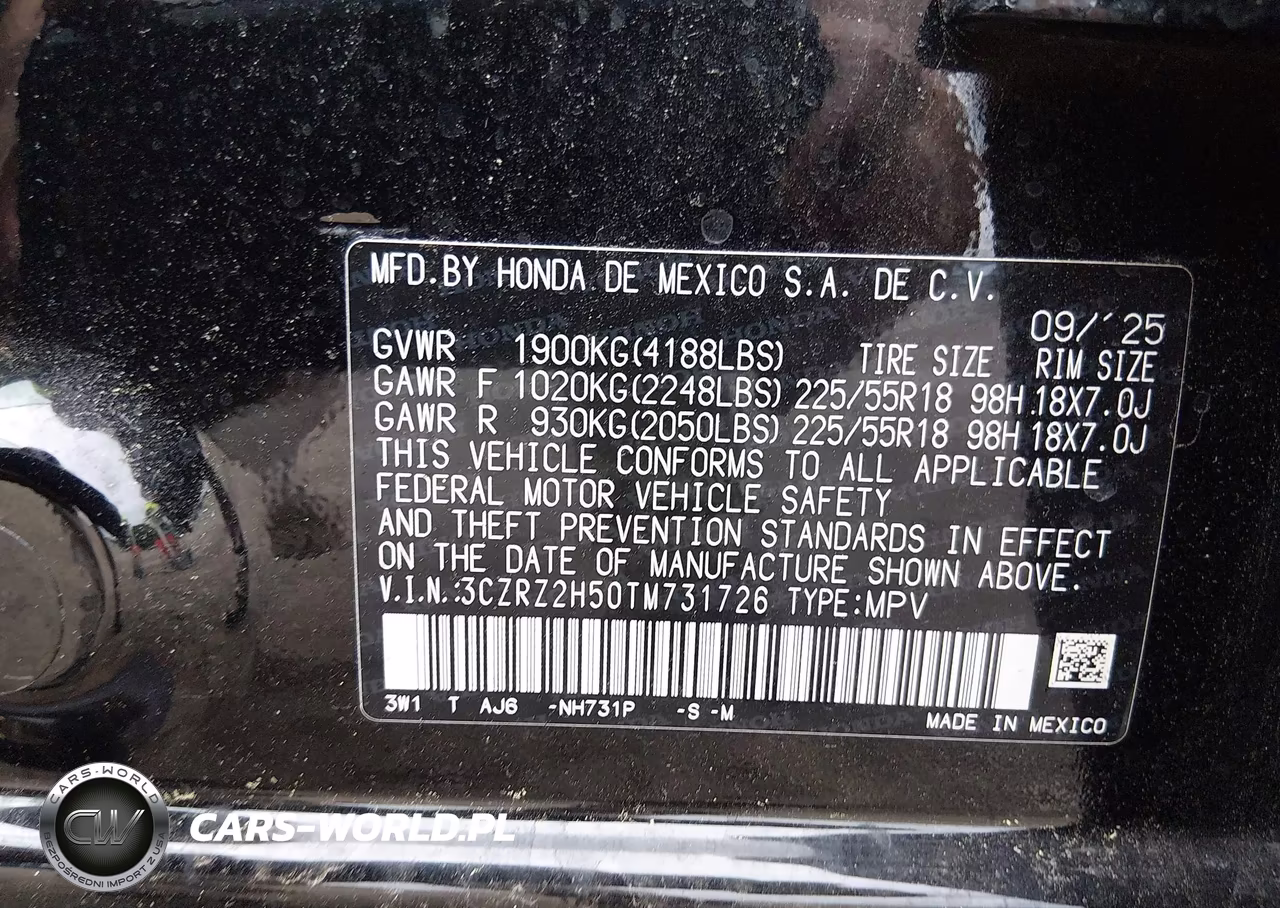2026 Honda Hr-V Awd Sport VIN:3CZRZ2H50TM731726 - 9