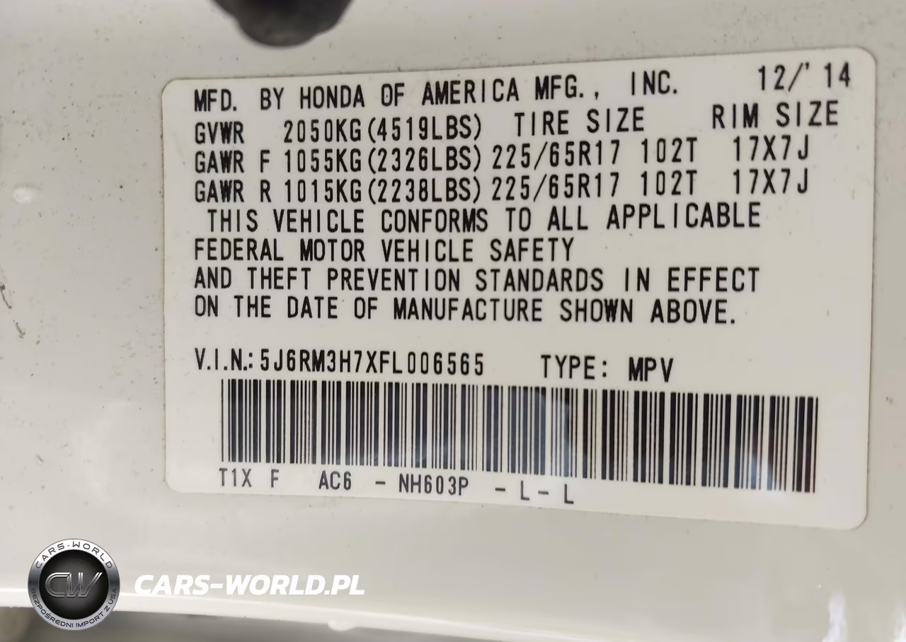 2015 Honda Cr-V Ex-L VIN:5J6RM3H7XFL006565 - 9