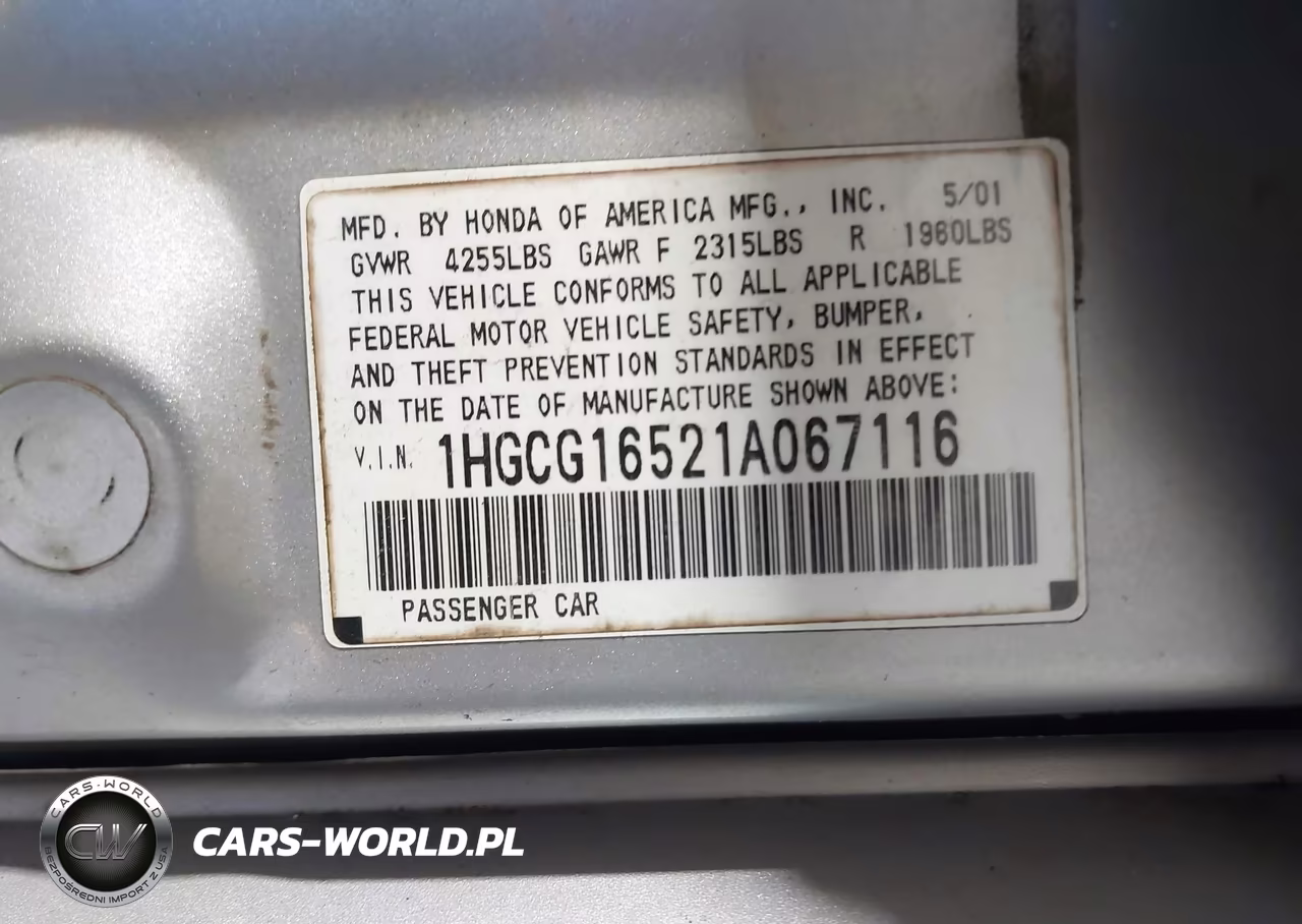 2001 Honda Accord 3.0 Ex VIN:1HGCG16521A067116 - 9