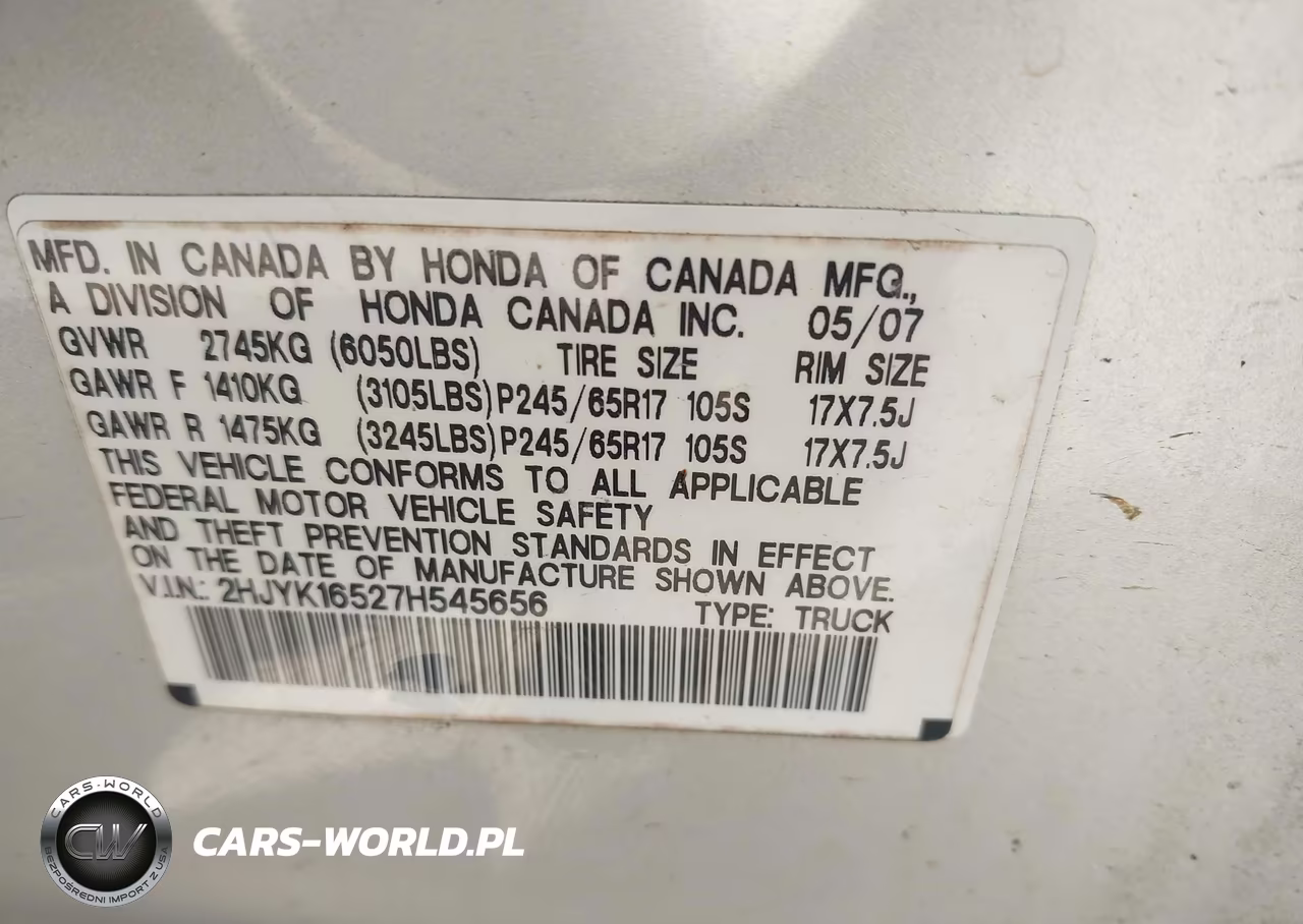 2007 Honda Ridgeline Rtl VIN:2HJYK16527H545656 - 9