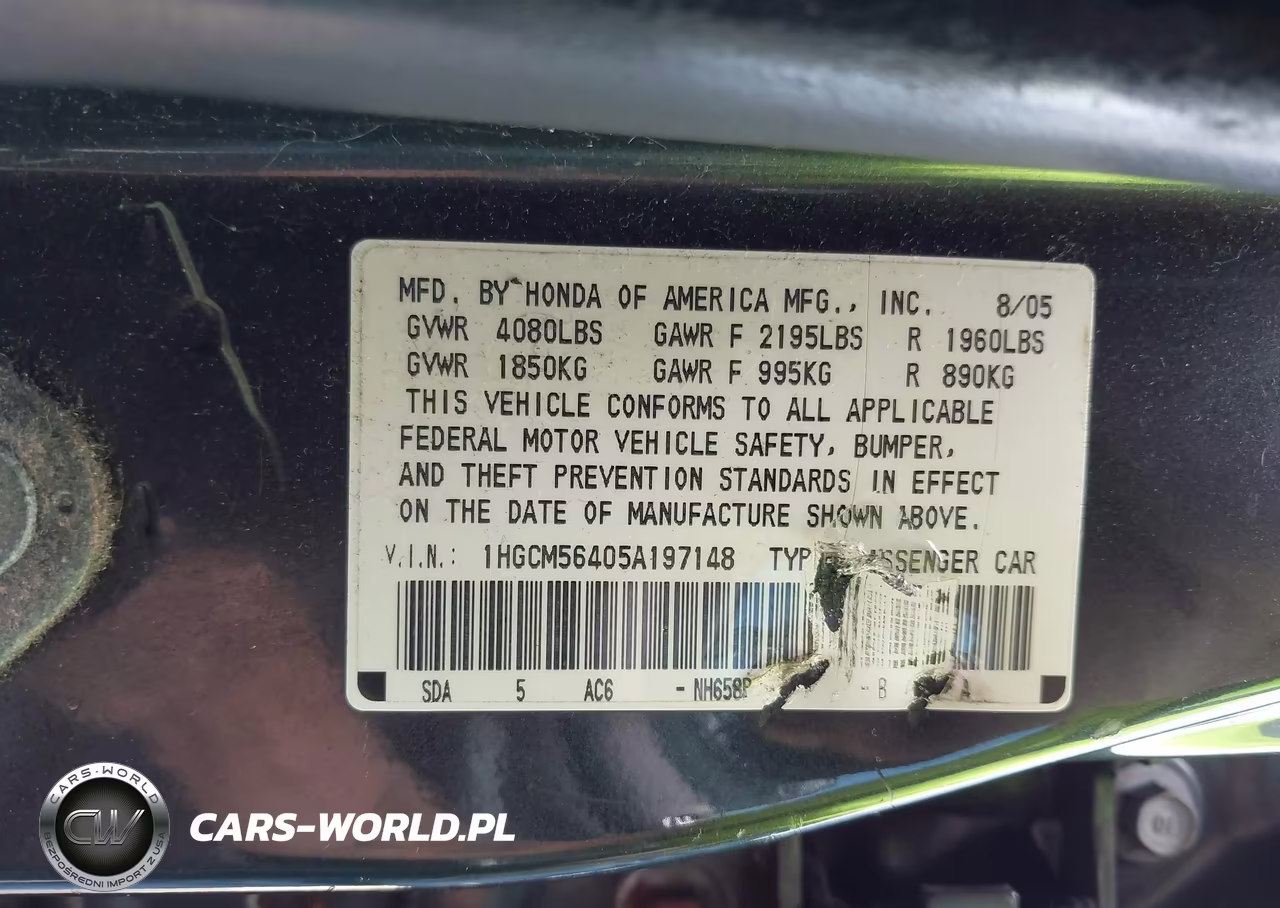 2005 Honda Accord 2.4 Lx VIN:1HGCM56405A197148 - 9