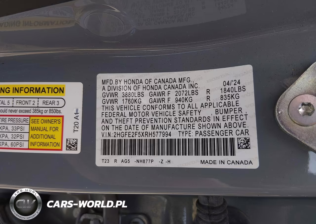 2024 Honda Civic Sport VIN:2HGFE2F5XRH577994 - 9
