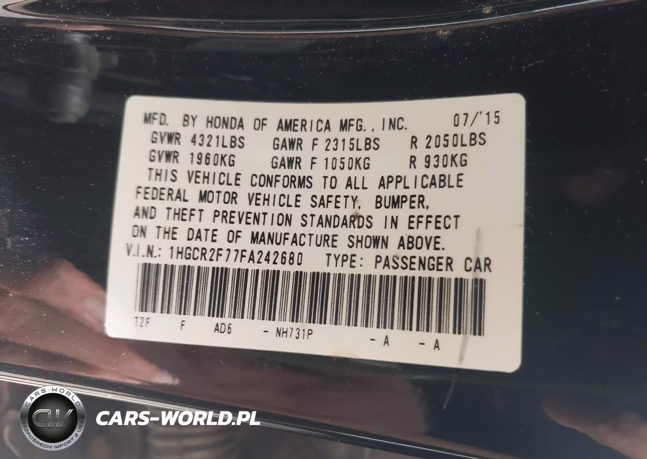2015 Honda Accord Ex VIN:1HGCR2F77FA242680 - 9