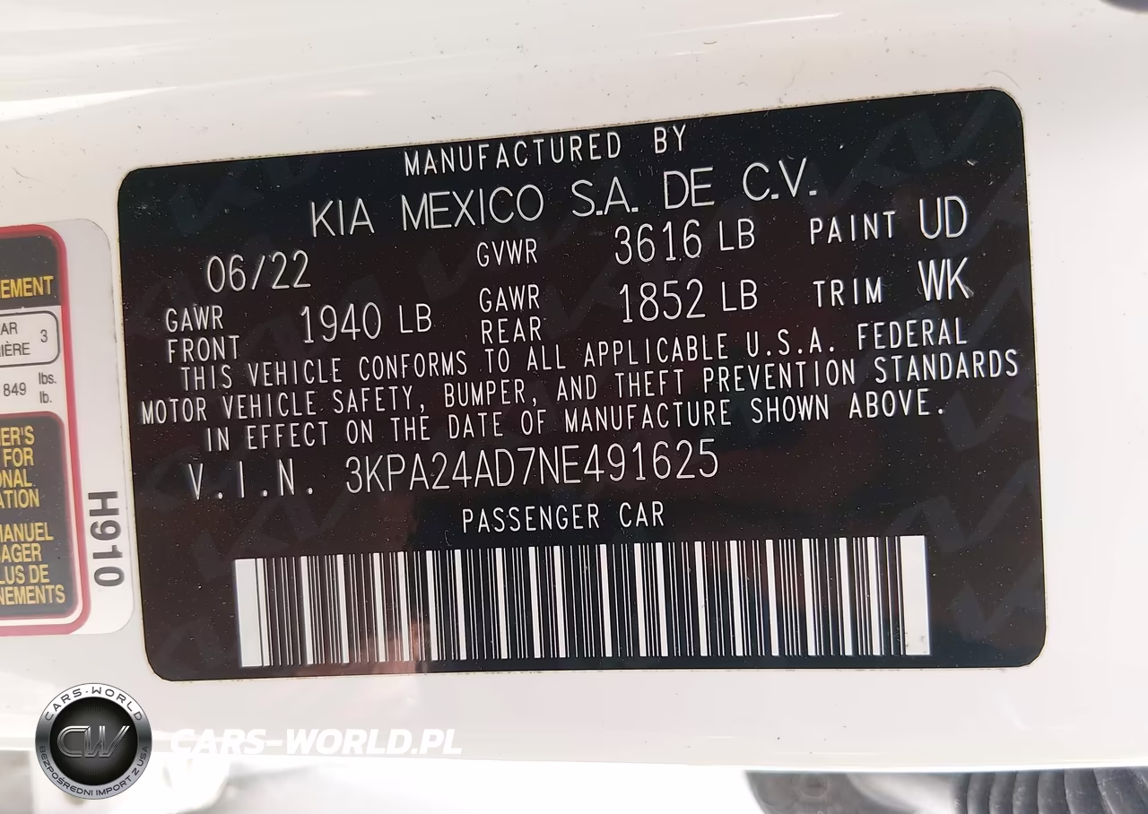 2022 Kia Rio S VIN:3KPA24AD7NE491625 - 9