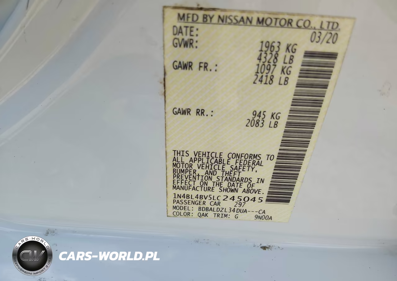 2020 Nissan Altima S Fwd VIN:1N4BL4BV5LC245045 - 9