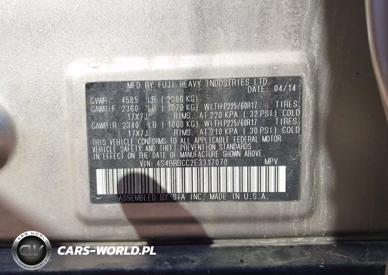 2014 Subaru Outback 2.5I Premium VIN:4S4BRBCC2E3317070 - 9
