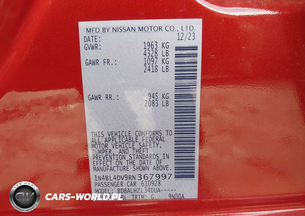2024 Nissan Altima Sv Fwd VIN:1N4BL4DV9RN367997 - 9