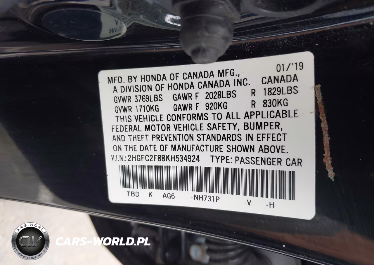 2019 Honda Civic Sport VIN:2HGFC2F88KH534924 - 9
