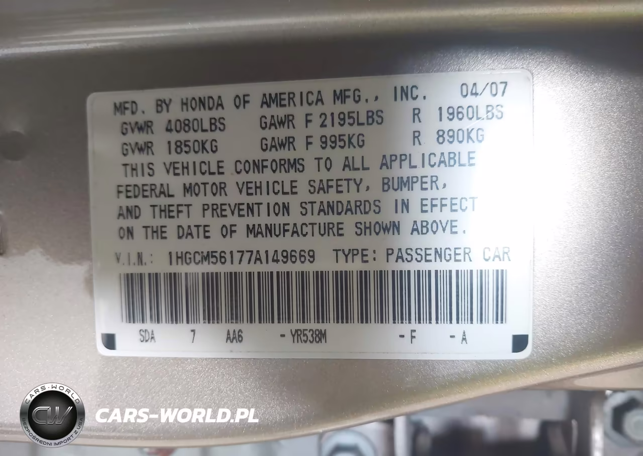 2007 Honda Accord 2.4 Vp VIN:1HGCM56177A149669 - 9