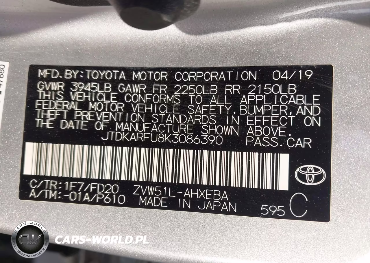 2019 Toyota Prius Le VIN:JTDKARFU8K3086390 - 9