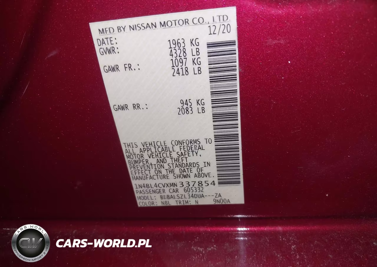 2021 Nissan Altima Sr Fwd VIN:1N4BL4CVXMN337854 - 9