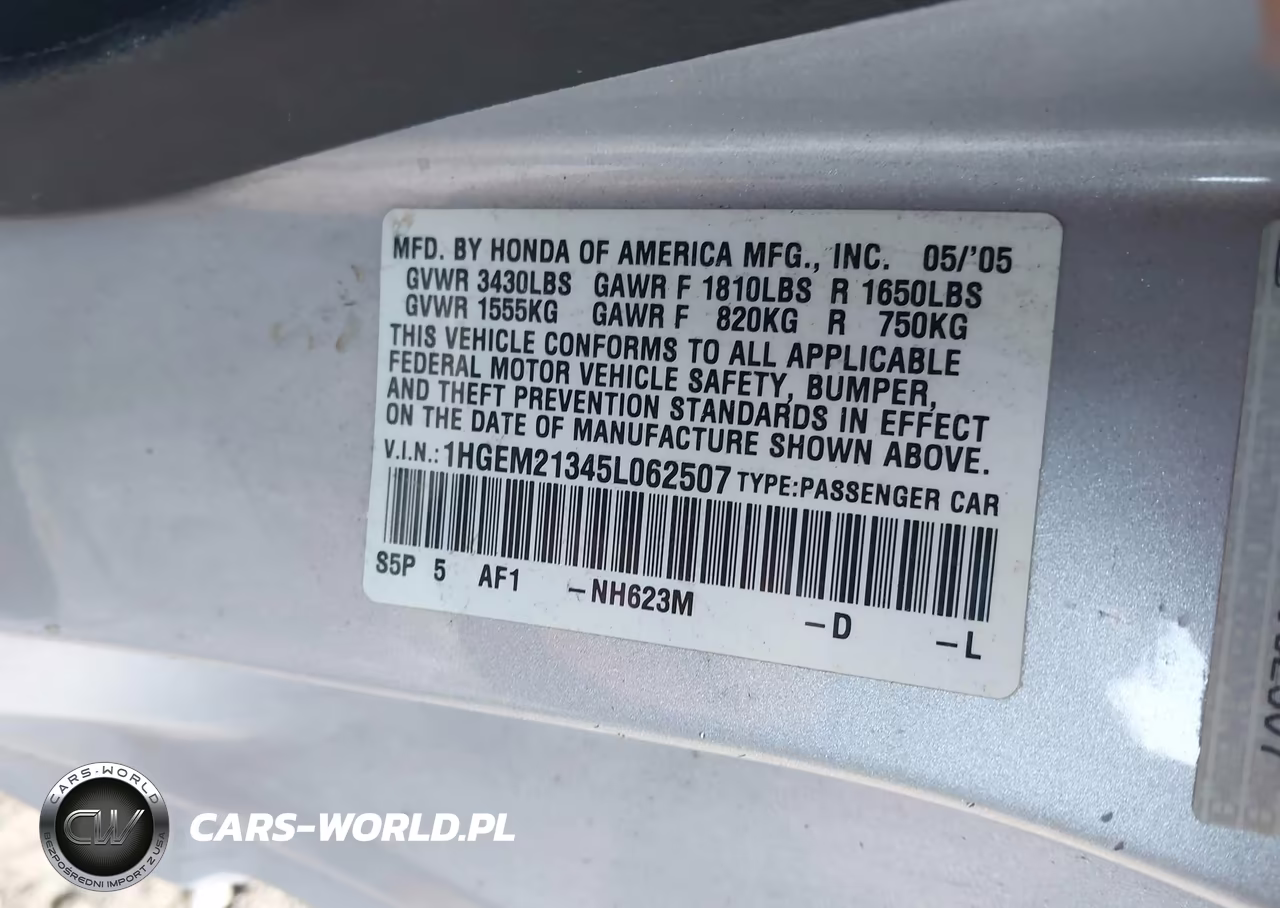2005 Honda Civic Vp VIN:1HGEM21345L062507 - 9